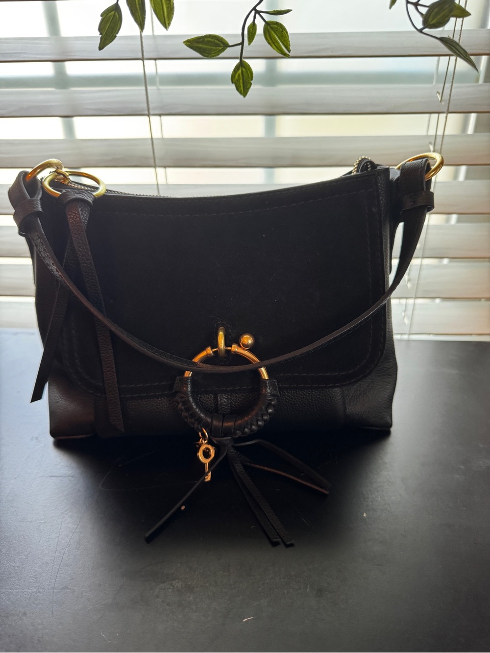 See By Chloe Joan Medium Black Leather Shoulder Bag with Gold Hardware